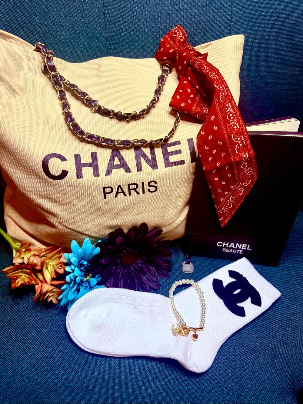 GWP Chanel Beige Canvas Tote with Gold-Trim Chain